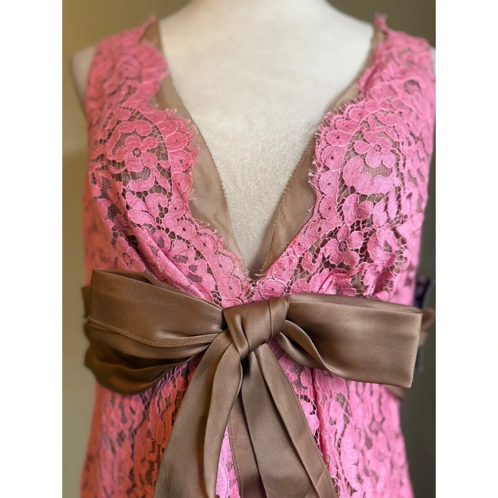 Kay Unger Pink Lace Brown Silk Bow Evening Dress 16 boho whimsi Y2K fairy party - Picture 2 of 8